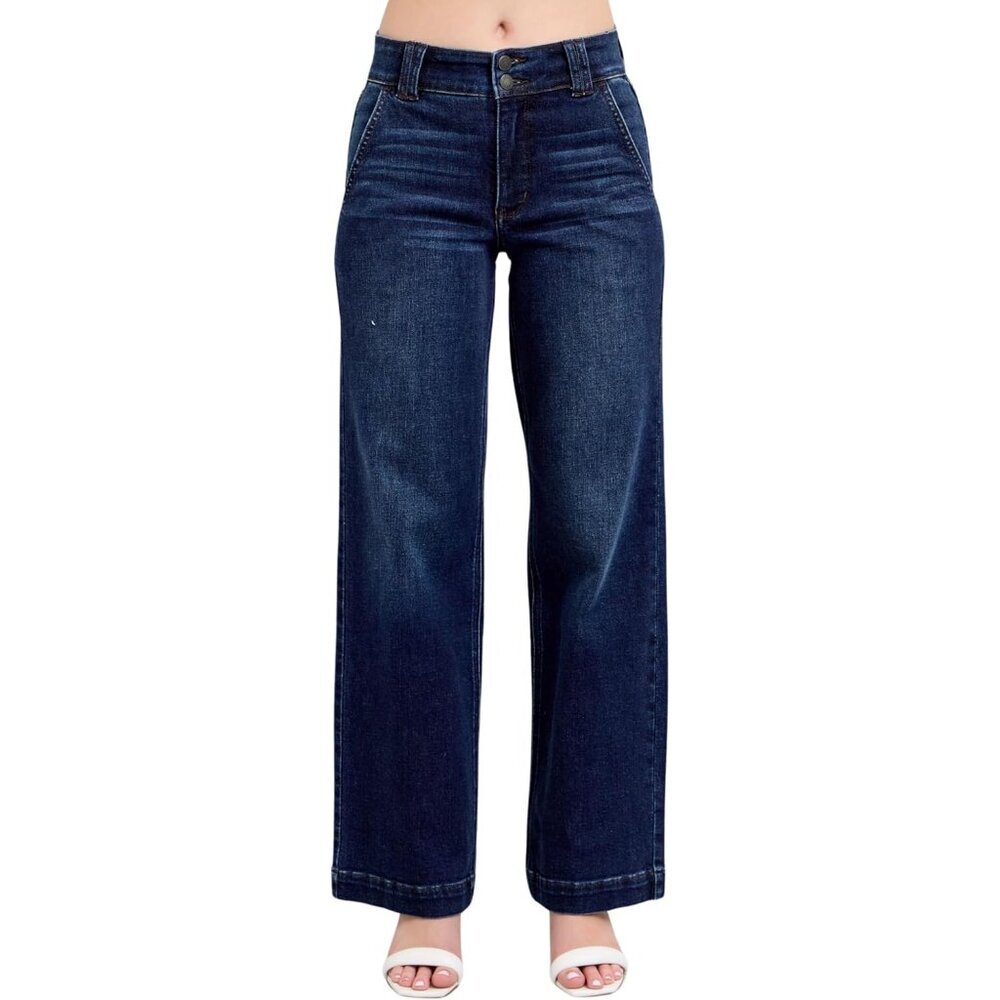 Dark Wash High Rise Wide-Leg Jeans Plus Size 34 Soft Stretchy Fabric
